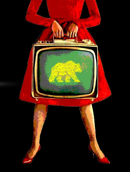 Retro illustration of a woman in a red dress holding a vintage TV showing the Carton Bear logo